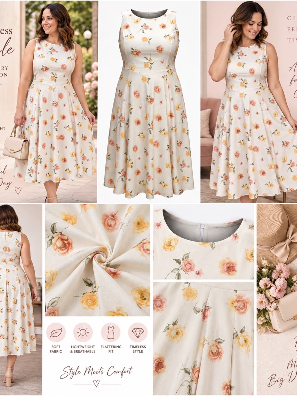 Cato Cream Floral Midi Dress with Pink & Yellow Roses